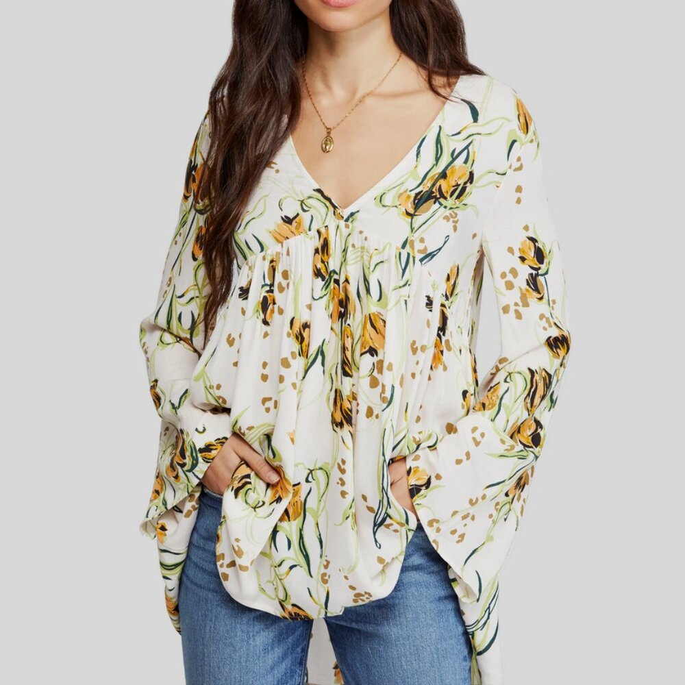 Free People Bella Cream Yellow Floral Print Tunic Top S